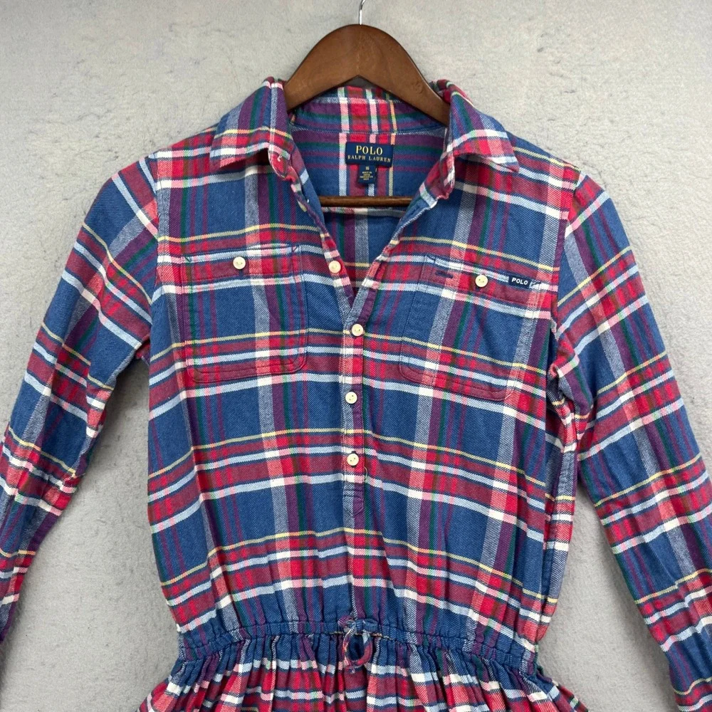 Polo Ralph Lauren Shirt Dress Girls 16 Blue Plaid Flannel Long Sleeve Preppy